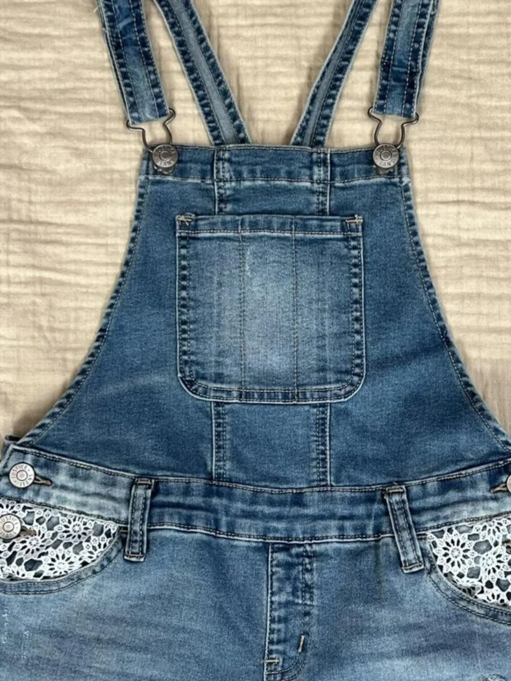 Girl's JUSTICE Denim Overalls Light Distressed Look and White Lace Accents 12